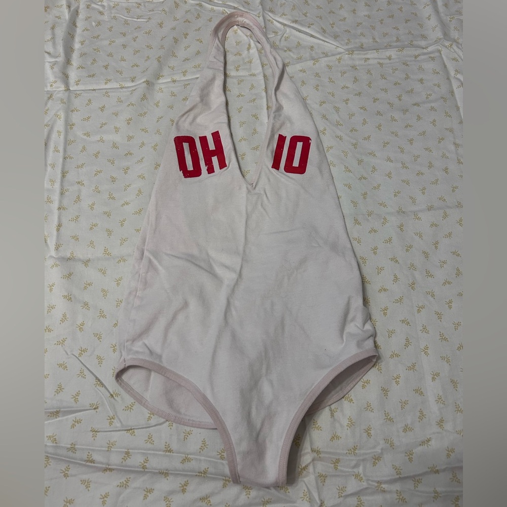 OHIO WHITE & RED GAMEDAY FOOTBALL HALTER SCOOP BACK V NECK BODYSUIT SIZE SMALL